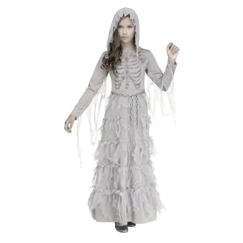 Fun World Skele Ghost Costume Child Medium 8-10 Gray Skeleton Hood Dress NWT New